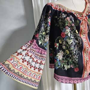 Umgee Black Floral Embroidered Blouse with Bell Sleeves. Hangs Off The Shoulder